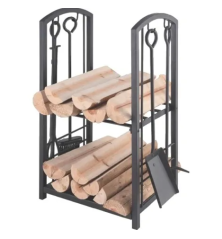 Etagère à bûches noire avec 4 accessoires