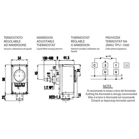Aquastat TC 2-100, thermostat à plongeur 0-90 °C, ½'', longueur: 100 mm